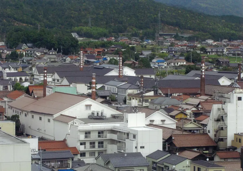 Brewery chimneys along Saijo’s sake brewery street, Higashihiroshima
